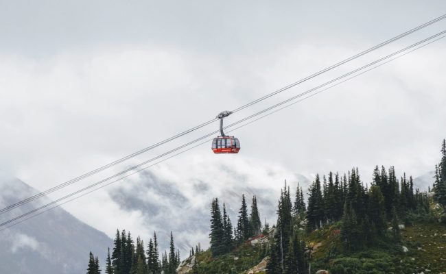 A horizontal shot of a red cable car going up the mountain with pine trees visible in the background